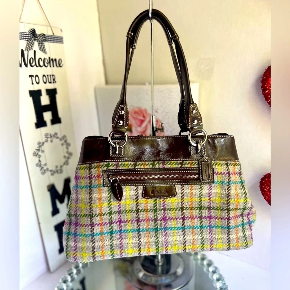 Coach Multicolor Plaid Shoulder Bag with Brown Leather